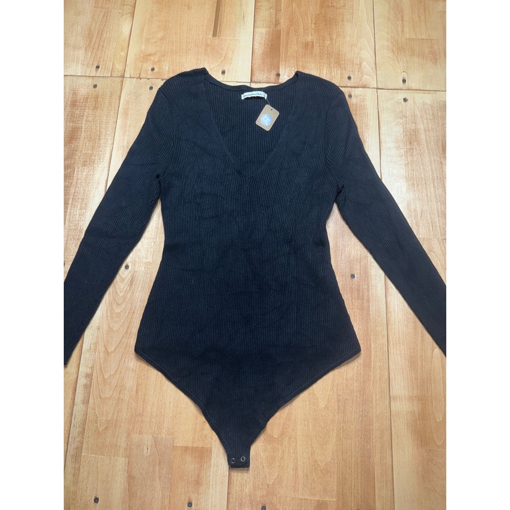Abercrombie Fitch Black Ribbed Long Sleeve Plunging V Neck Bodysuit XXL
